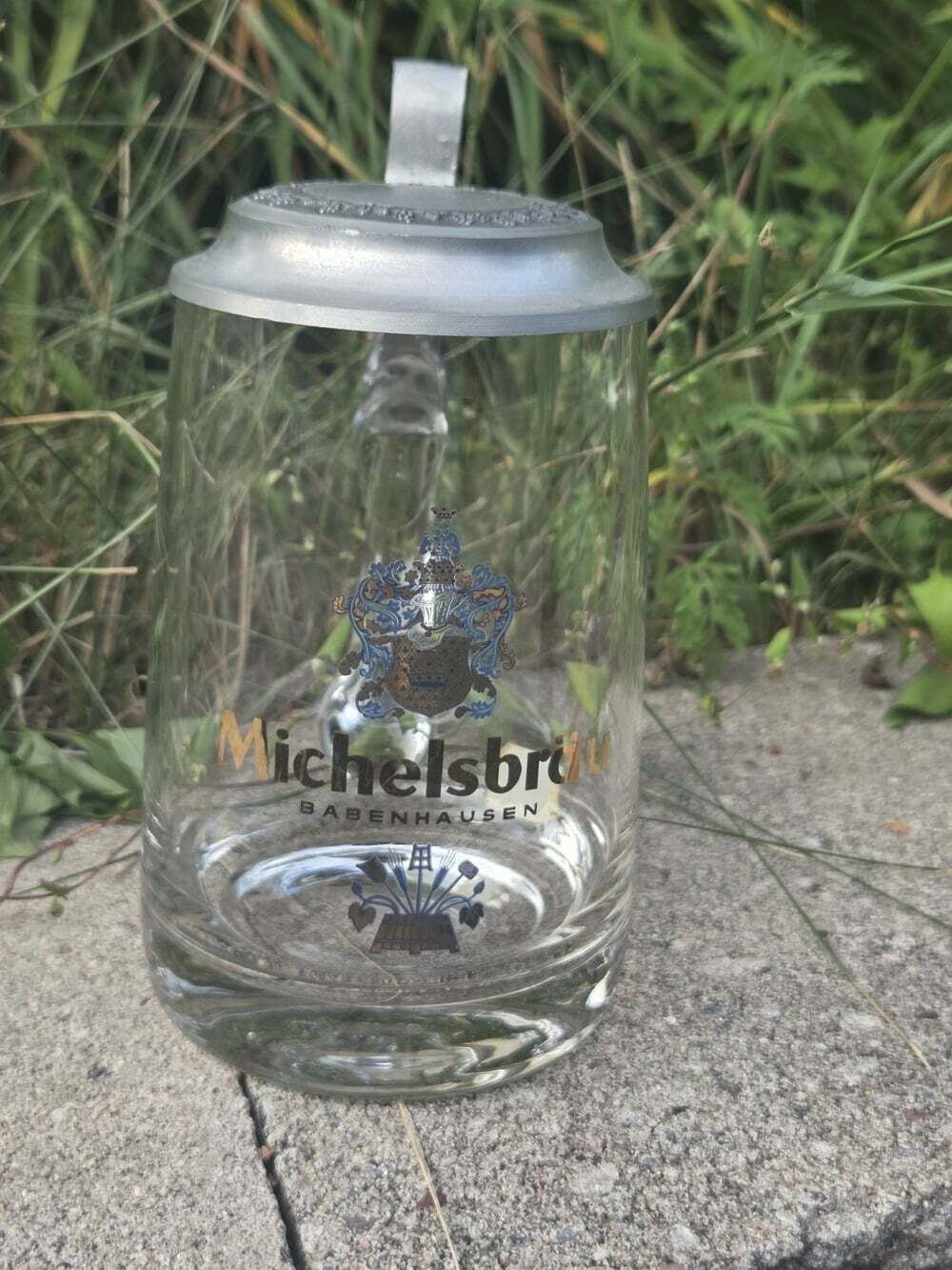 Vtg Michelsbräu Babenhausen Beer Stein Mug Pewter Lid Hand Blown Crystal Glass
